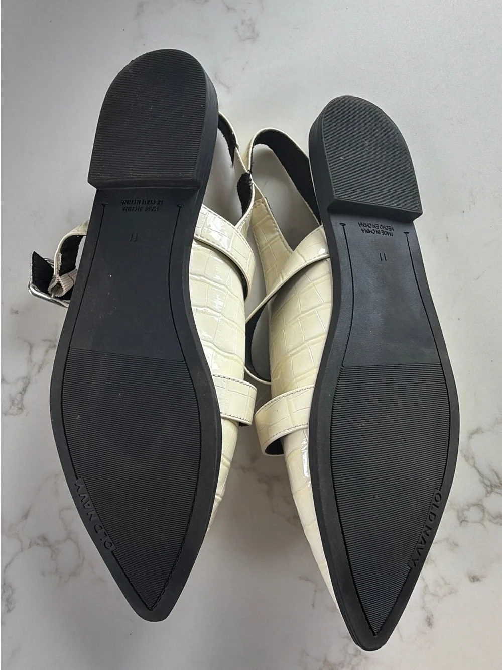 Old Navy Cream Croc-Embossed Pointed Slingback Flats with Dual Buckles